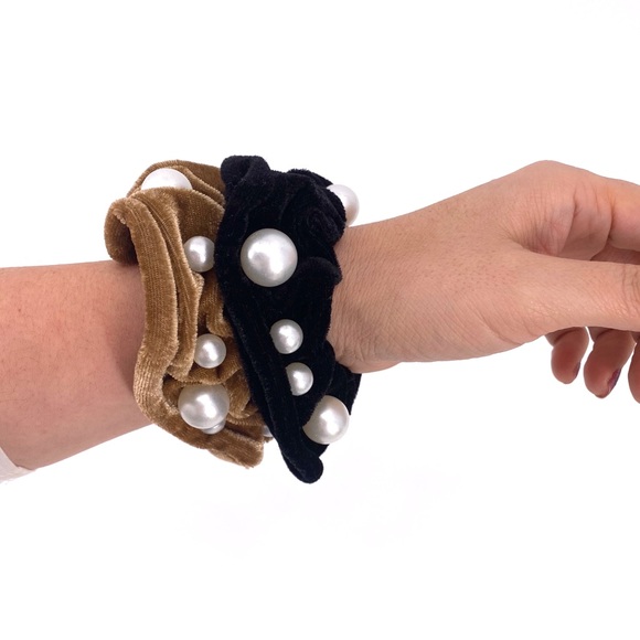 Set of 2 Velour Velvet Pearl Beaded Scrunchies - Picture 2 of 5